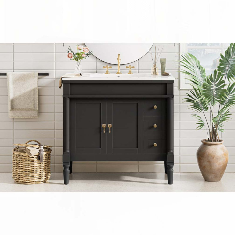 Meuble-lavabo 36 po avec lavabo en céramique, tablettes réglables, Noir