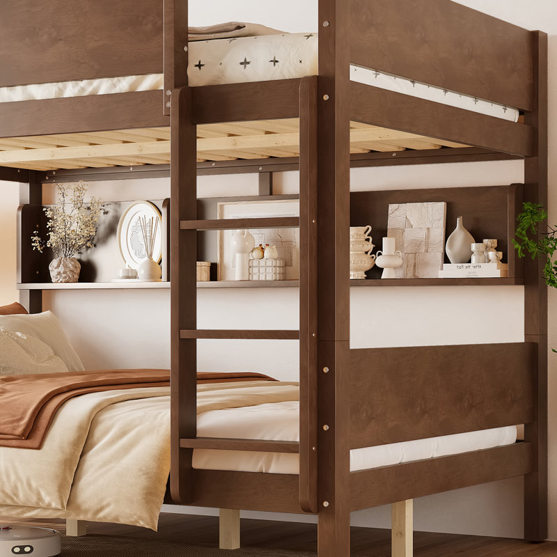 Lit superposé moderne Gaven avec tablettes de rangement et bois massif, Brun