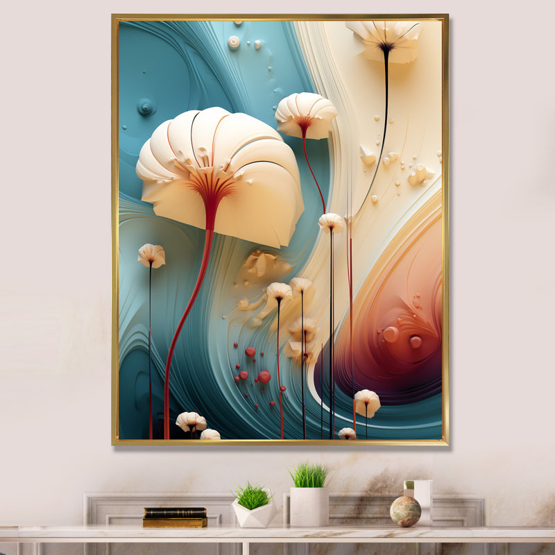 Fleur blanche contemporaine sur fond sarcelle - imprimé, Cadre flottant doré, H 20 po x l 12 po x P 1 po