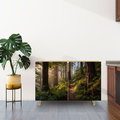 Sideboard Buffet Cabinet with Storage Dirt road Redwood trees forest with 2 Doors for Living Room and Kitchen