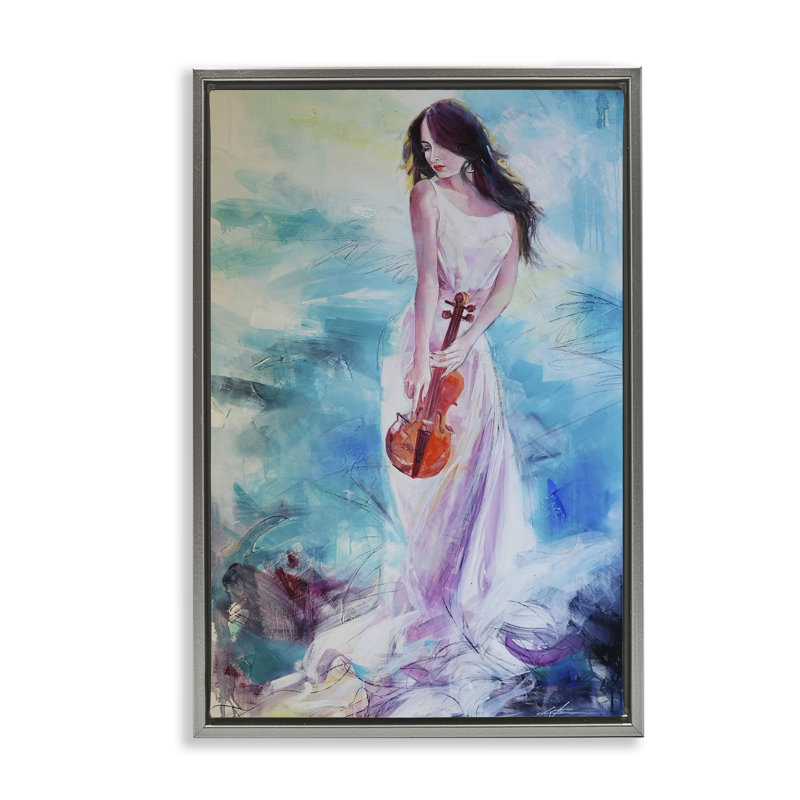 Femme élégante avec cadre flottant pour violon, design par Lucille Lee, H 31 po x l 21 po, Cadre flottant gris lustré