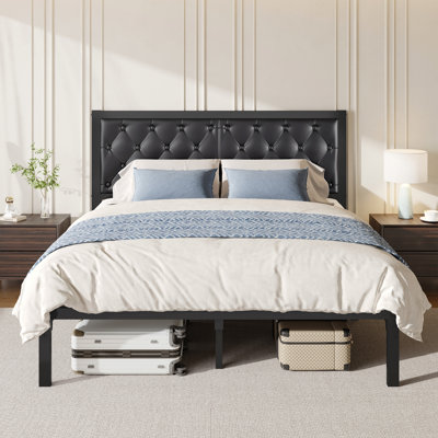 Upholstered Platform Bed with adjustable headboard, Queen Bed Frame