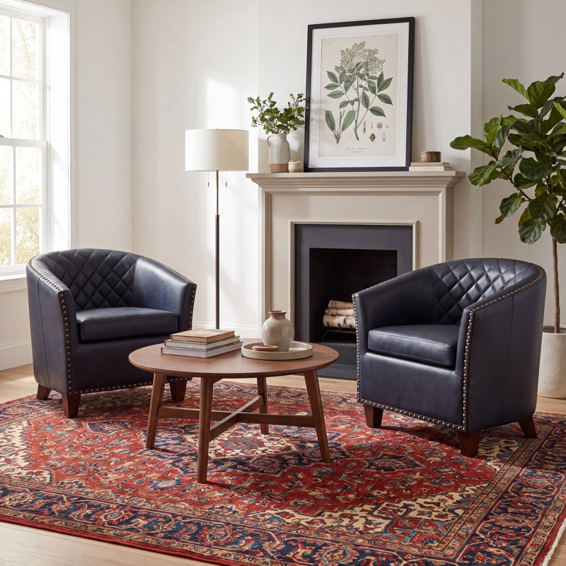 Fauteuil demi-tonneau en cuir moderne avec dossier capitonné à losanges et garniture cloutée, Noir