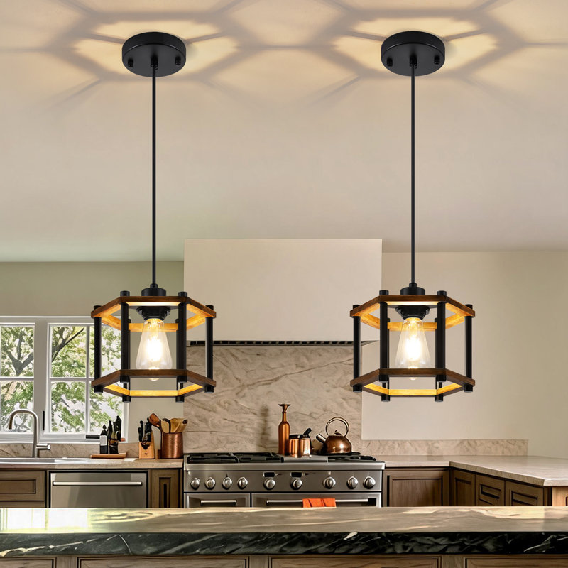 Luminaire suspendu rustique noir à 1 lumière avec cage hexagonale pour cuisine de chambre à coucher dans le vestibule