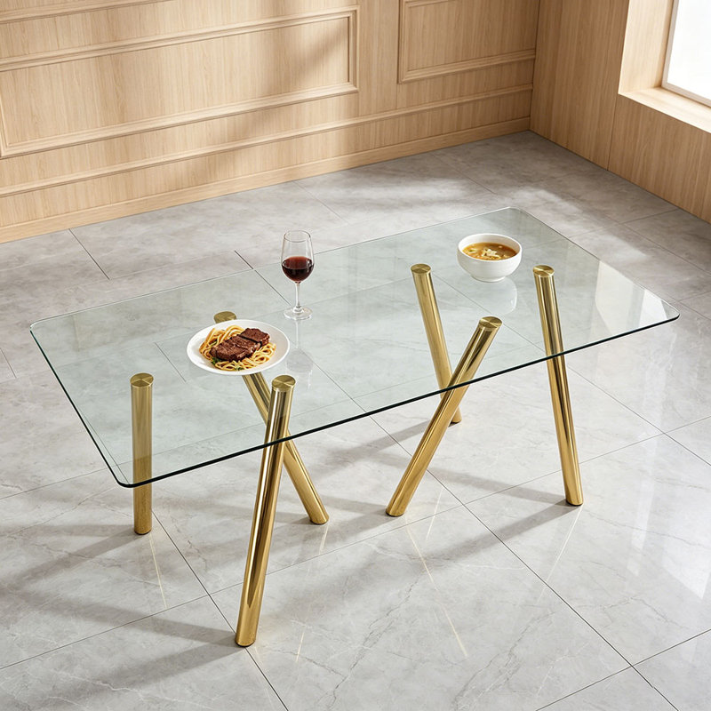 Table de salle à manger en verre trempé 71 pouces avec pieds en métal robustes, Transparent / doré