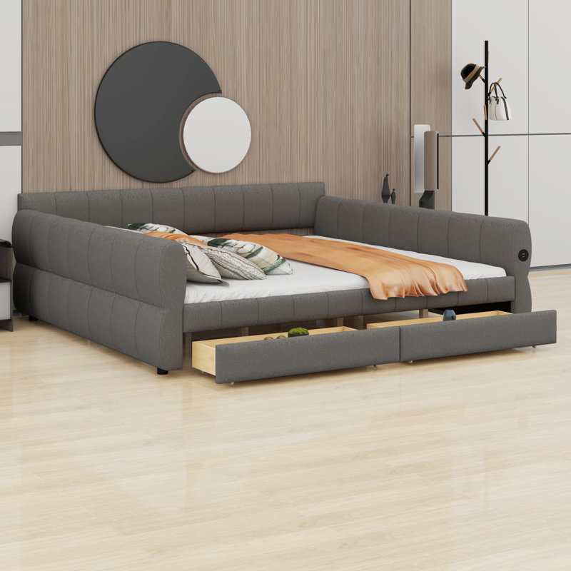 Modern Upholstered Platform Bed Frame Featuring USB Ports and 2 Storage Drawers, Gray