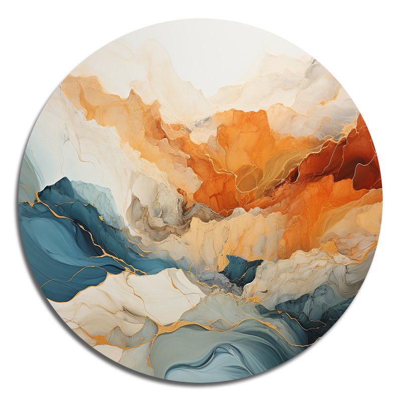 Abstrait orange et bleu, encre bleue - Art abstrait rond en métal, H 23 po x l 23 po