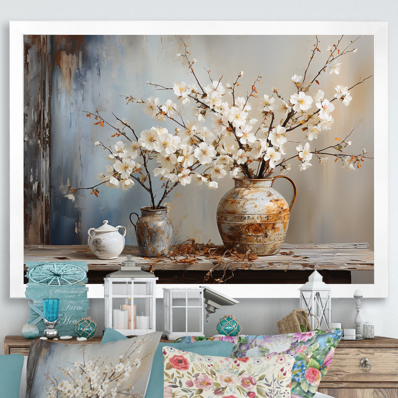 Art mural, poterie et fleurs, H 24 po x l 32 po x P 1 po, Cadre simple blanc