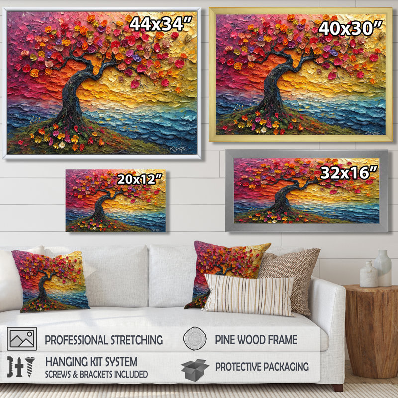 Arbre en fleurs avec fleurs rouges - Art floral mural, Toile avec cadre flottant brun, H 30 po x l 40 po x P 1,5 po