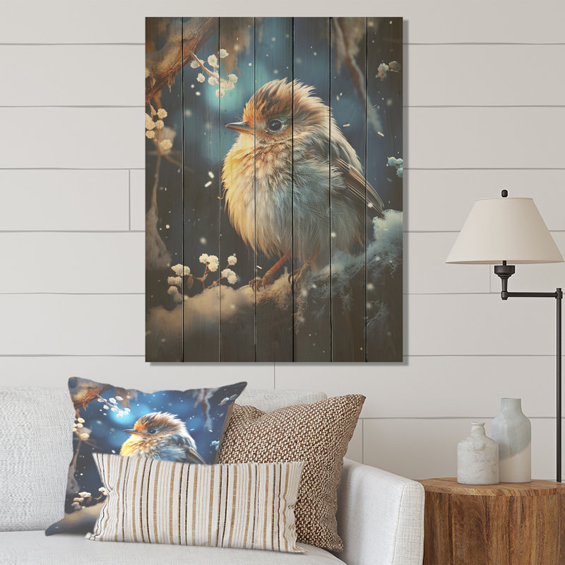 Oiseau bleu en hiver sérénité II - oiseau sur bois, H 32 po x l 24 po