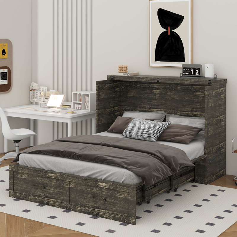 Lit escamotable double avec station de charge, lit plateforme pliable multifonctionnel avec 1 grand tiroir de rangement