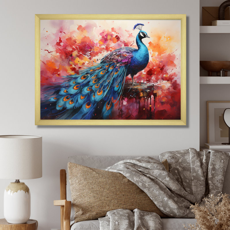 Acrylique multicolore sur toile rouge, représentation d'un paon rouge, H 12 po x l 20 po x P 1 po, Cadre doré simple