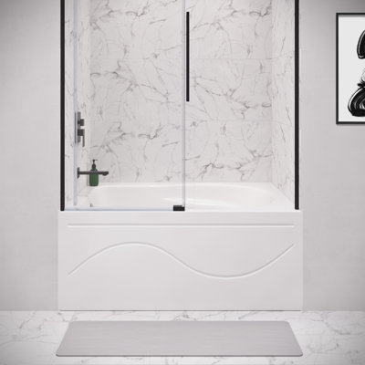 Baignoire d'angle Ivy 54 x 30 avec jupe et bonde à gauche, en blanc lustré et accoudoir intégré