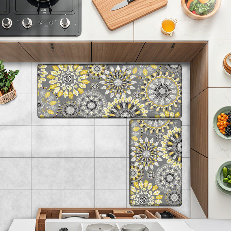 Jalissia Anti-Fatigue Non-Skid Kitchen Mat, Gray/Yellow/Black/White, Runner 18" x 30" + 18" x 48"