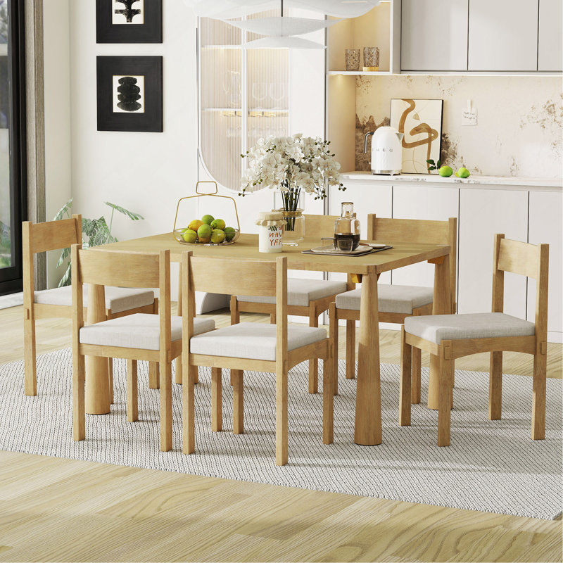 Ensemble de table à manger rétro 7 pièces pour 6 personnes, ensemble de table à manger en bois pour 6 personnes avec chaises rembourrées pour la cuisine et la salle à manger