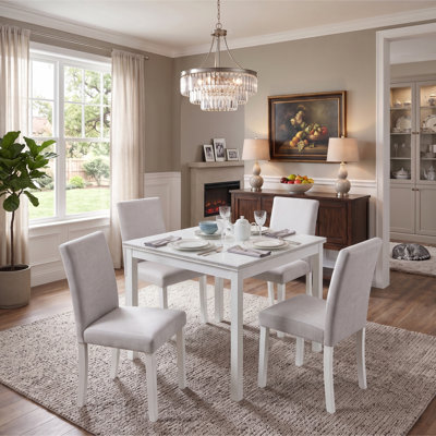 Ensemble de table de salle à manger 5 pièces avec garniture en cristal, 4 chaises rembourrées pour la salle à manger et la cuisine, finition blanche