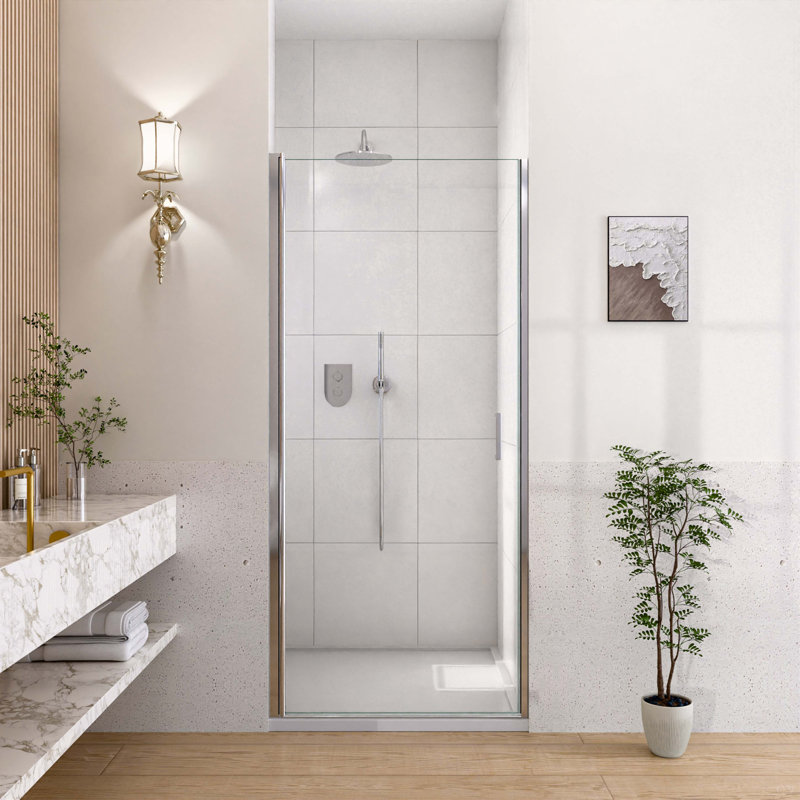 30" W X 72" H Semi-Frameless Circular Pivot Shower Door In Chrome With 1/4" (6Mm) Thick Tempered Glass, Chrome