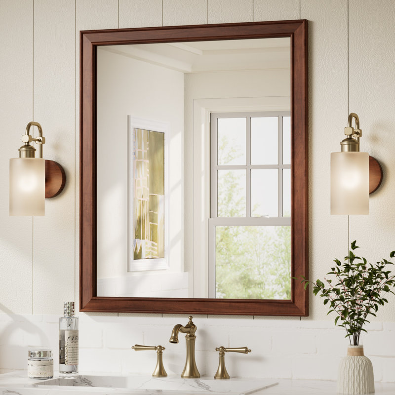 Miroir de salle de bain rectangulaire avec cadre en bois massif, verre trempé, H 30 po x l 36 po, Brun