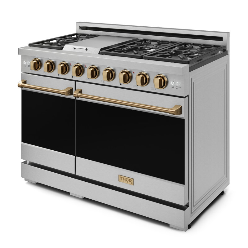 Cuisinière professionnelle au propane liquide 48 pouces avec panneau inclinable Gordon Ramsay de THOR Kitchen en acier inoxydable / bronze