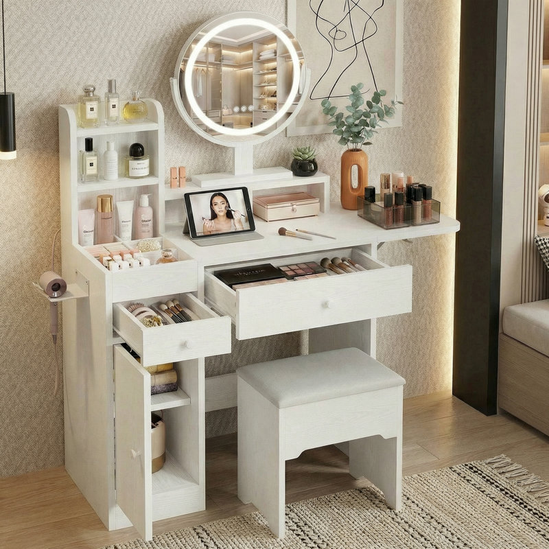 Vanity Makeup Desk With Led Lights And Rotatable Mirror, Vanity Desk With 2 Drawers, 6 Slot Compartments, Foldable Tabletop, Storage Stool, Power Outlets, Hair Dryer Holder, White