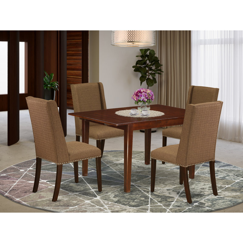Ensemble de table de salle à manger 5 pièces comprenant une table de cuisine rectangulaire avec rallonge papillon et 4 chaises parsons en tissu brun, acajou