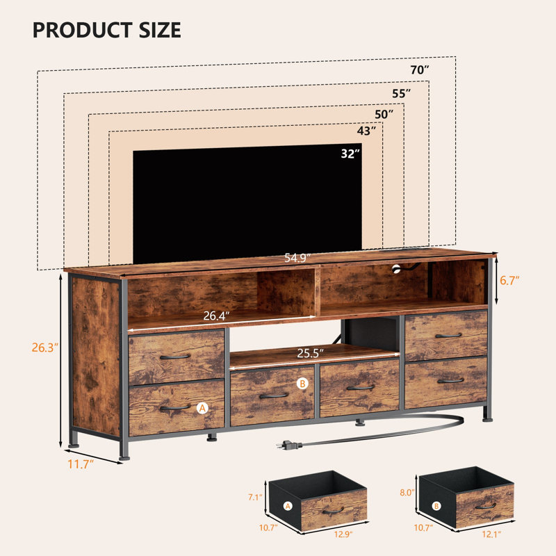 TV Stand Dresser Media Console with LED Lights & Charging Station, 6 Fabric Drawers Entertainment Center for TVs, 55"