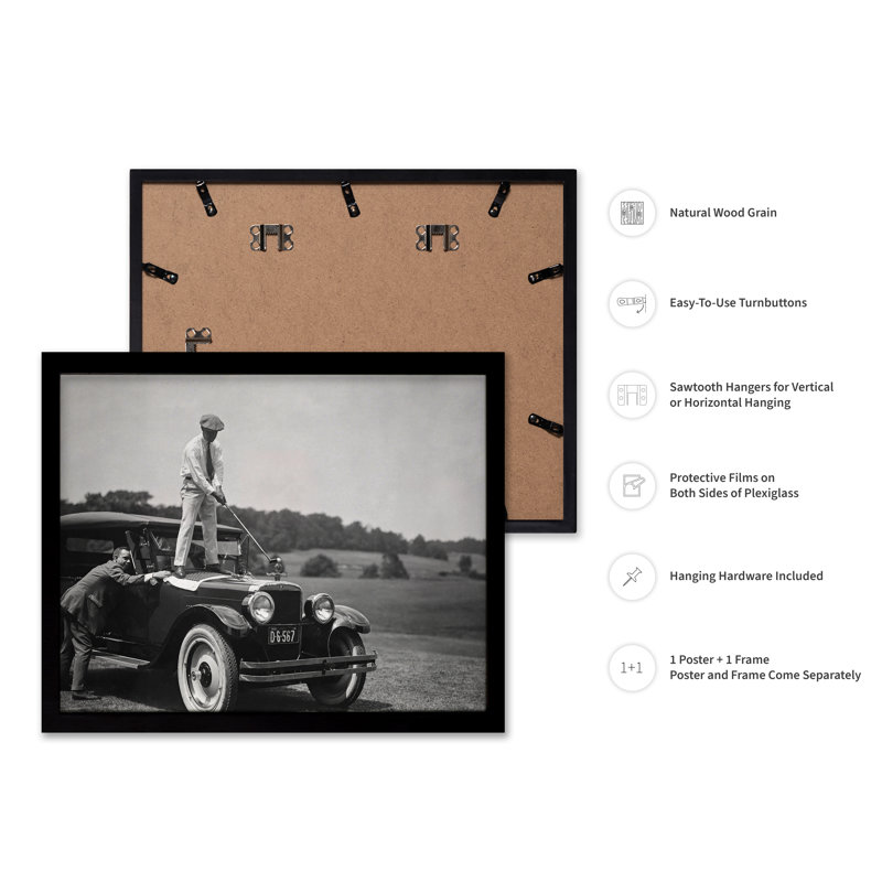 Golf sur une voiture antique, Cadre noir, H 24 po x l 32 po, Affiche