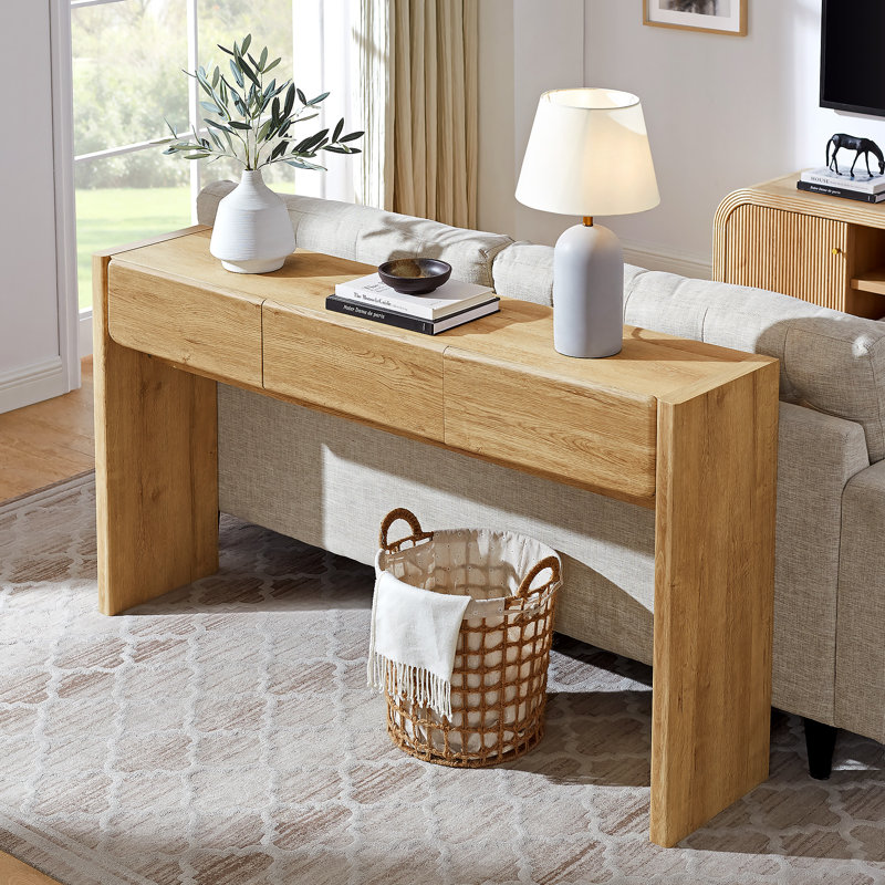 63'' Farmhouse Console Table, Entryway Table, Narrow Console Sofa Table With 3 Top Drawers, Natural Oak