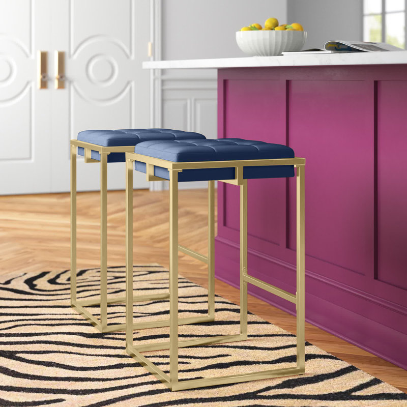 Simmerman Upholstered Counter Stool with Metal Frame, Navy Velvet, Counter Stool (26” Seat Height)