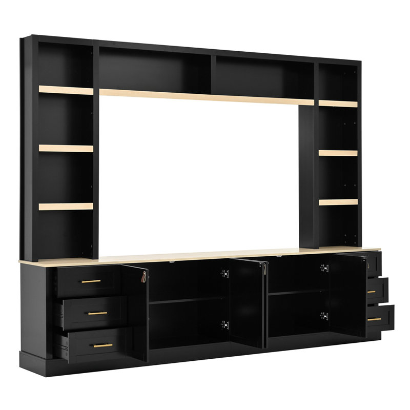 Meuble télé avec bibliothèque pour téléviseur de 75 po ou moins, console multimédia avec tiroirs, Black