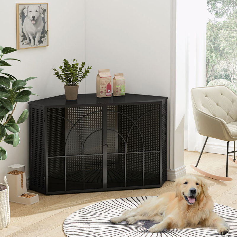 Hexagonal Wood Storage Corner Cabinet with Glass Two-Door, Black