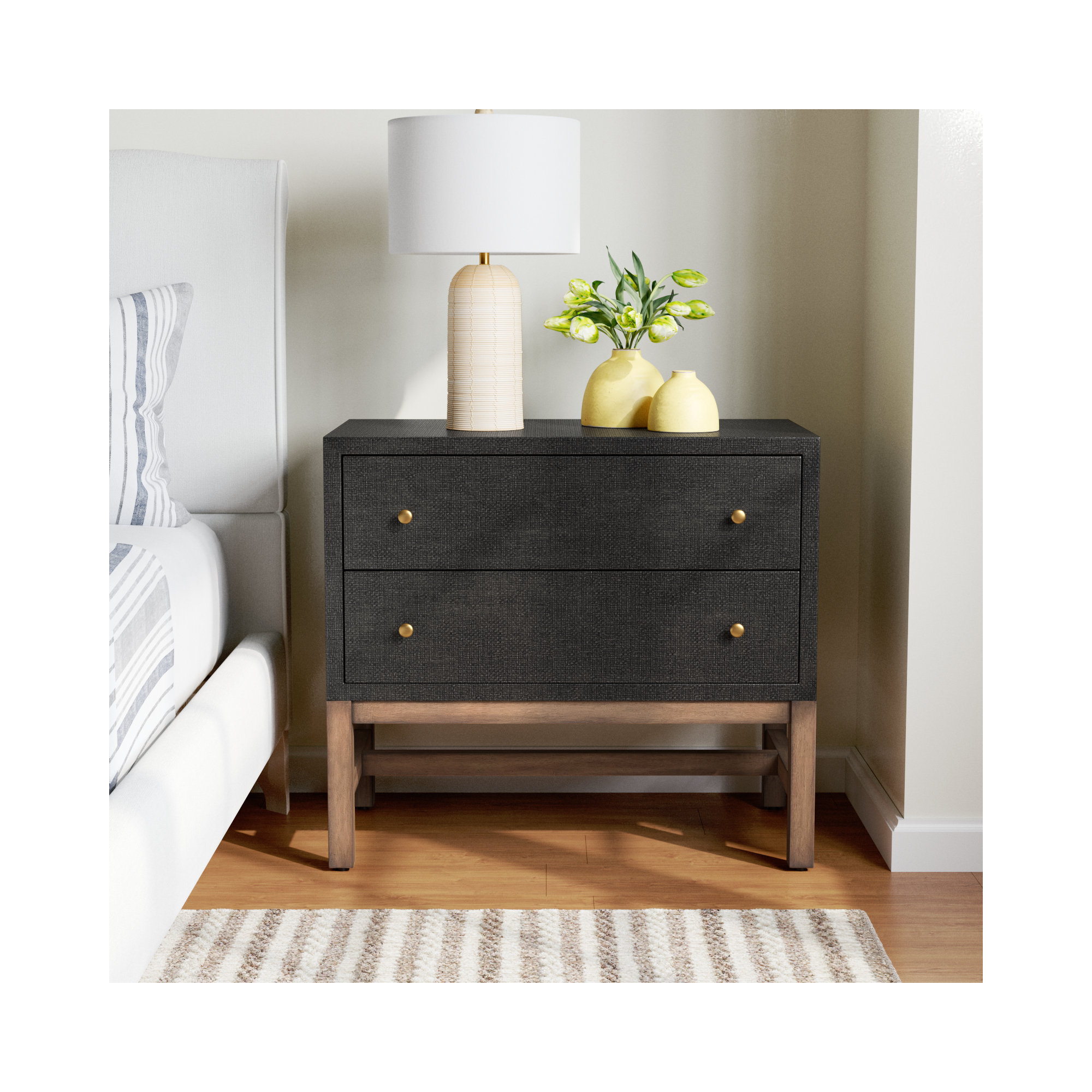 Hakana 2 - Drawer Raffia Nightstand, Black