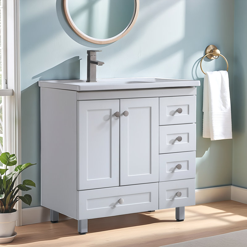 32"Hamptons White Freestanding Single Bathroom Vanity with Ceramic Sink Top