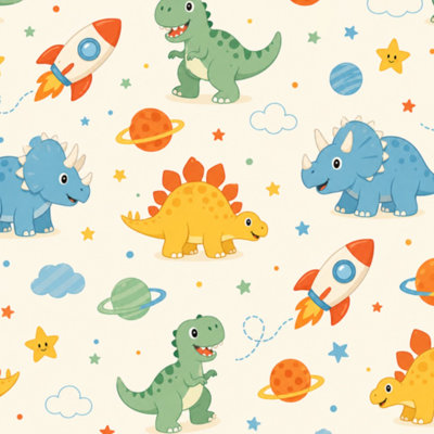 Peel and Stick Wallpaper Cartoon Dinosaur Rocket Ships Colorful Planets Kids Removable Self-Adhesive Waterproof Wall Mural Accent Wallpaper Roll for Bedroom Living Room Kitchen 22.8" x 118"