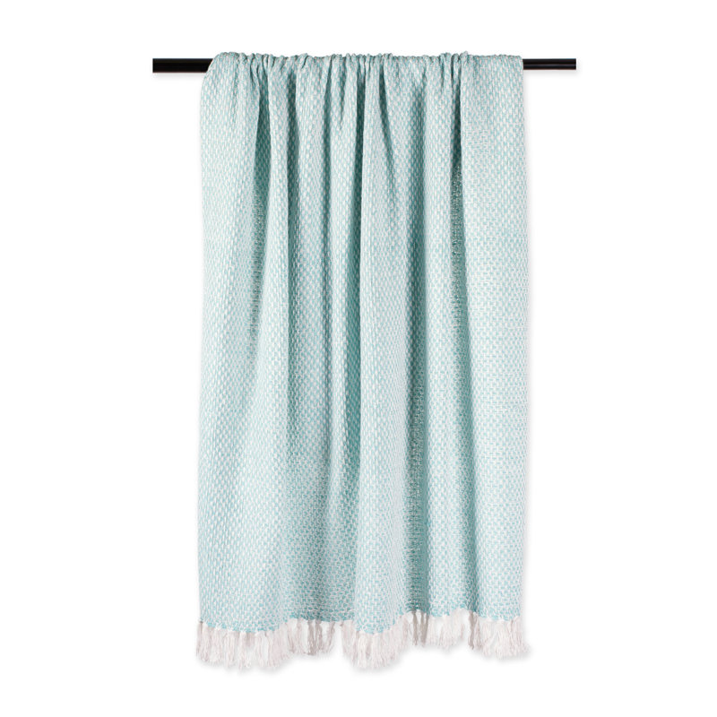 Aqua Blue Cotton Woven Throw Blanket with Fringe