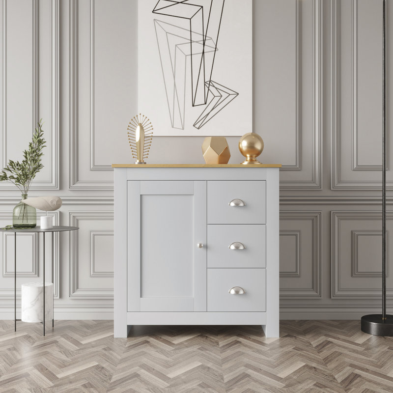 Buffet décoratif en bois manufacturé à 3 tiroirs et 1 porte, Gris