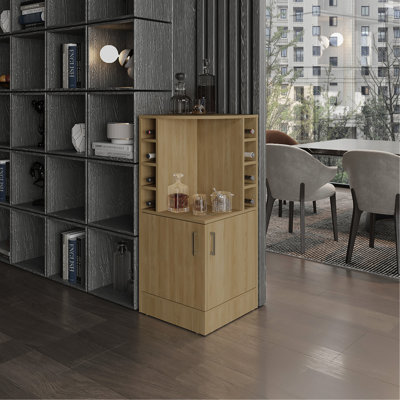 Armoire de rangement de bar en chêne, hauteur 43 po, huit bouteilles de vin, porte double, bouteille moderne de 42 po, décoration intérieure