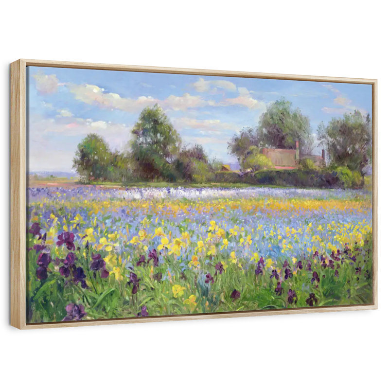 Ferme et champ d'iris, 19 po x 13 po, Cadre flottant en bois naturel