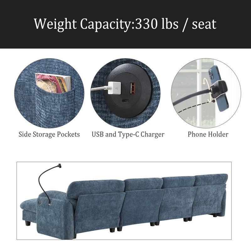 Canapé modulaire modulaire en forme de U avec coussin de siège extra large de 31,5 po, chargeur USB et de type C, support pour téléphone et 2 poches de rangement latérales, repose-pieds à mouvement libre, chenille rayée