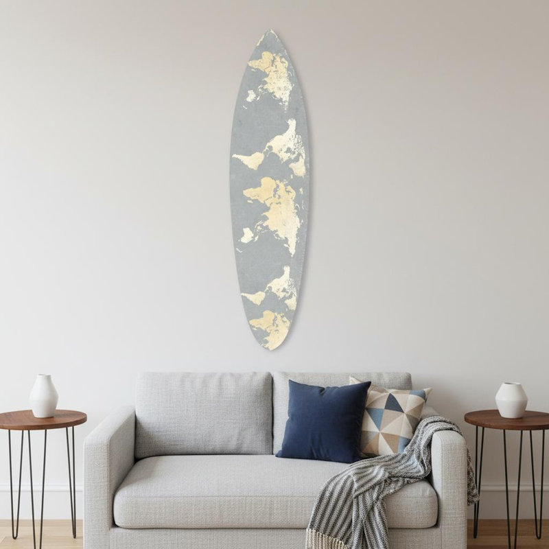 76" X 18" X 1" Grey And Gold World Map Surfboard Wall Art