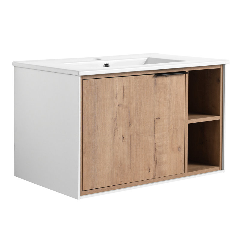 Meuble-lavabo de 30 po avec lavabo en céramique. Fixé au mur. Porte à fermeture en douceur. Look moderne en chêne imitationnel. Armoire en contreplaqué de qualité 30 po. Look, base