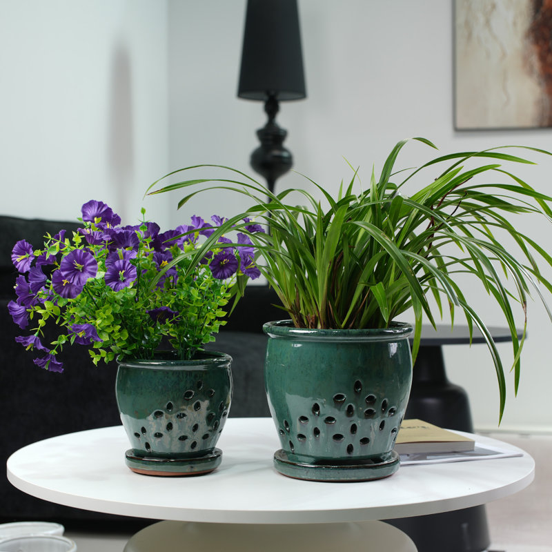 Pots à orchidées avec trou de drainage et soucoupe attachée, 5,9 po et 7,5 po, émeraude, Émeraude - paquet de 2, 2