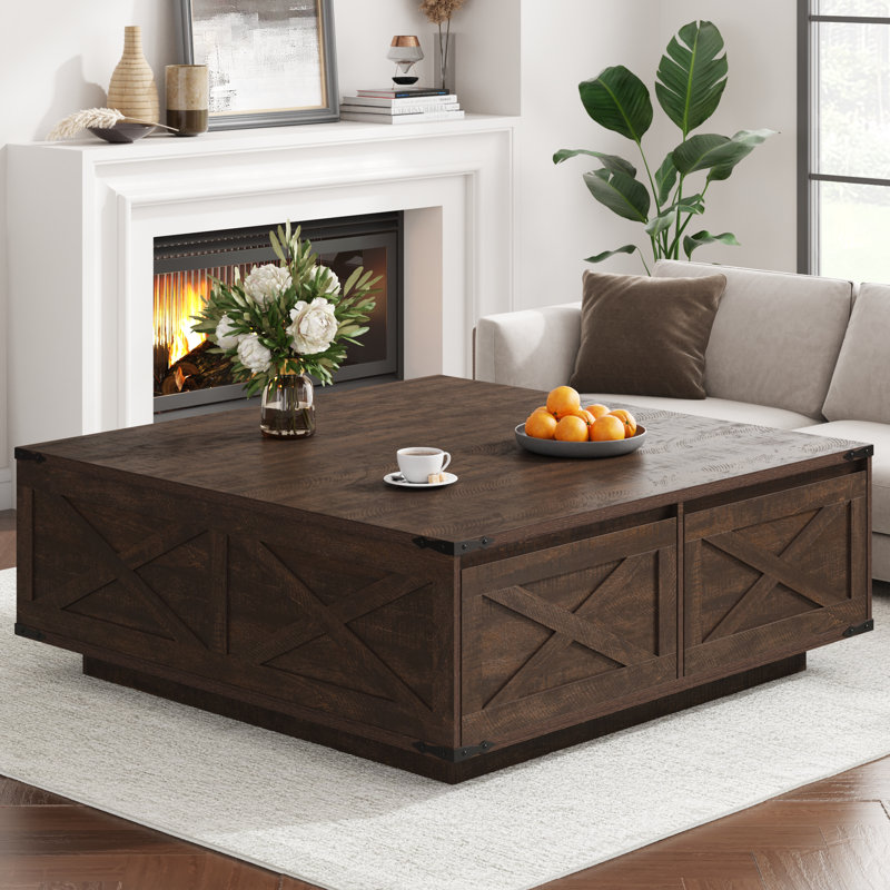 43" Large Farmhouse Coffee Table With 4 Storage Drawers, Rustic Brown