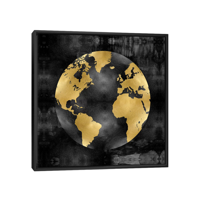 «The Globe Gold on Black», impression sur toile, H 18 po x l 18 po x P 1,5 po, Toile encadrée noire, Pas de tapis