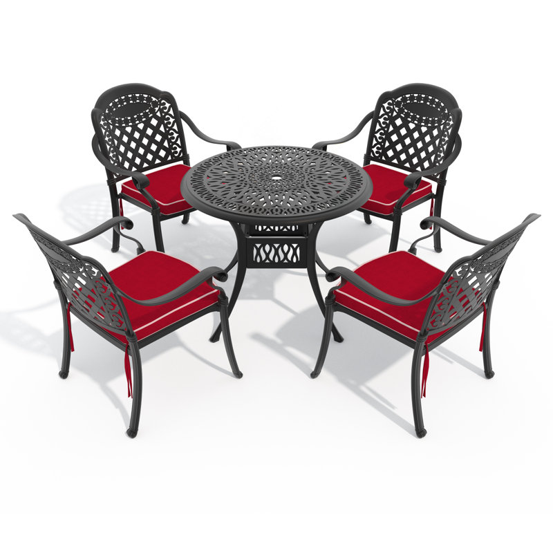 Ensemble de salle à manger rond de patio 5 pièces de 90 cm (35,43 po) avec trou pour parasol, 4 chaises empilables avec coussins rouges