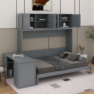 Grand lit escamotable avec bureau, tablettes et armoires
