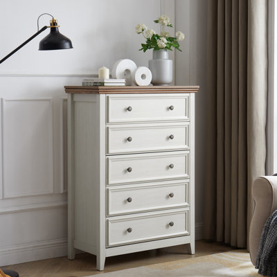 Commode à 5 tiroirs beige avec rangement pratique et élégant pour éviter les collisions