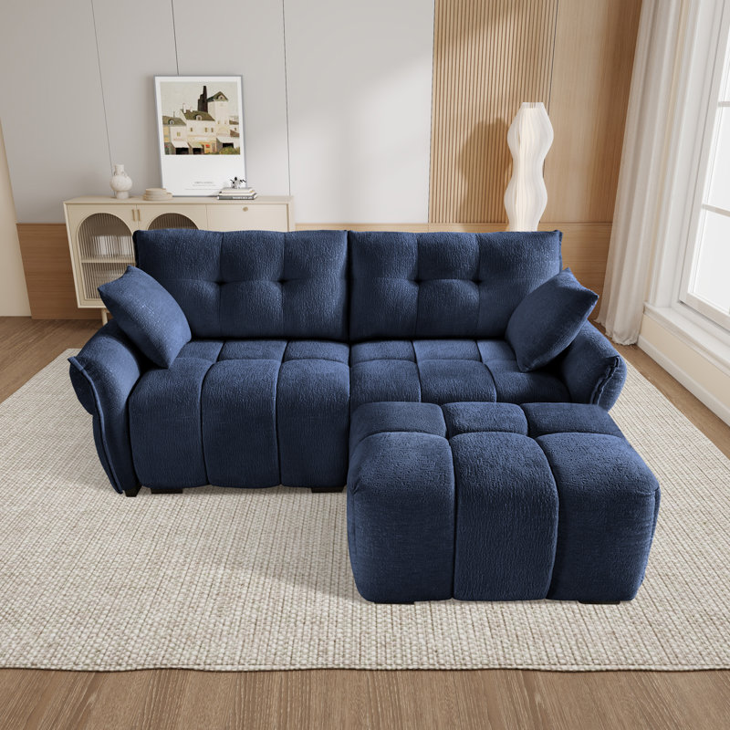 Chenille Upholstered 2-Seater Sectional Sofa With Ottoman, Blue Chenille
