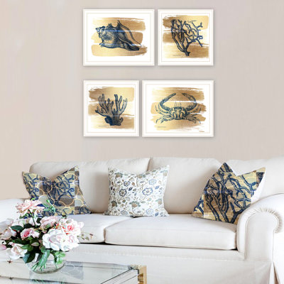 Superbe art mural pour la chambre à coucher et le salon - 4 pièces de la collection Gold Sea, 18 po x 14 po x 1 po, 8 livres, papier de bureau à domicile en bois, fabriqué, look moderne