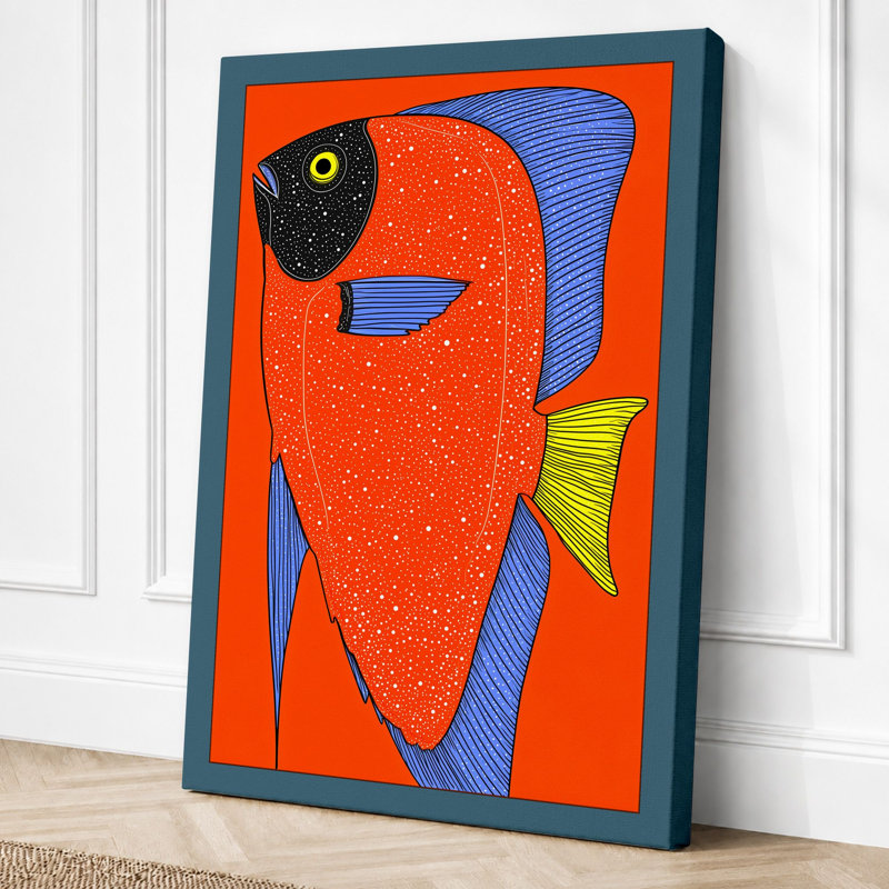 Cheerful Geometric Fish Modern - Print, 24x16 - 61.0 x 40.6 cm, Teal Border